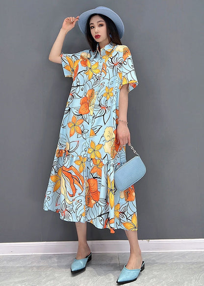 Orange Print Patchwork Shirt Dress Button Wrinkled Short Sleeve