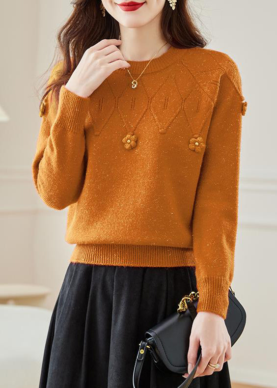 Orange Hollow Out Knit Fall Sweaters O Neck