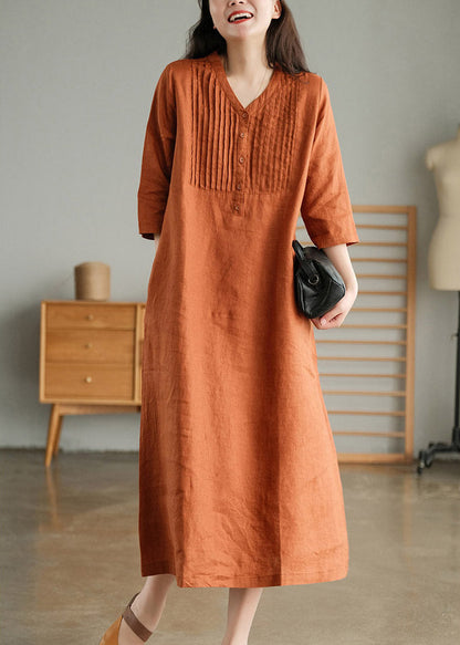 Yellow Loose Linen Long Dresses Button Half Sleeve
