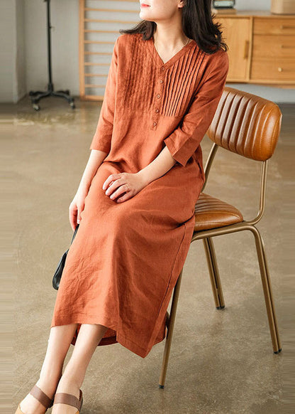 Grey Print6 Loose Linen Long Dresses Button Half Sleeve