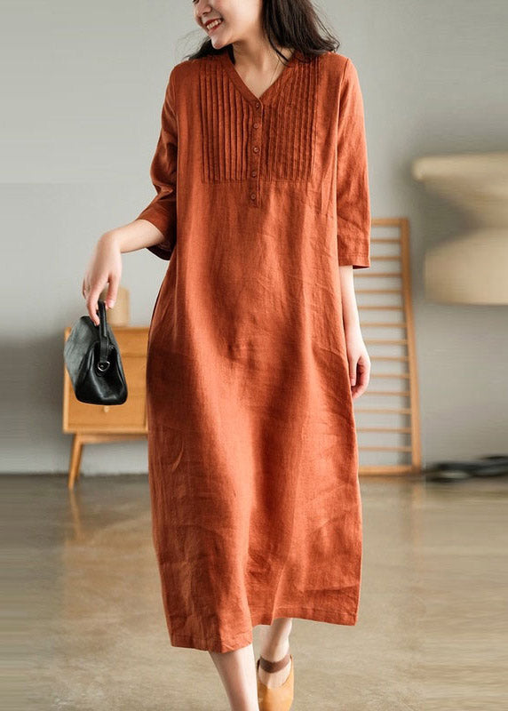 Blue Print10 Loose Linen Long Dresses Button Half Sleeve