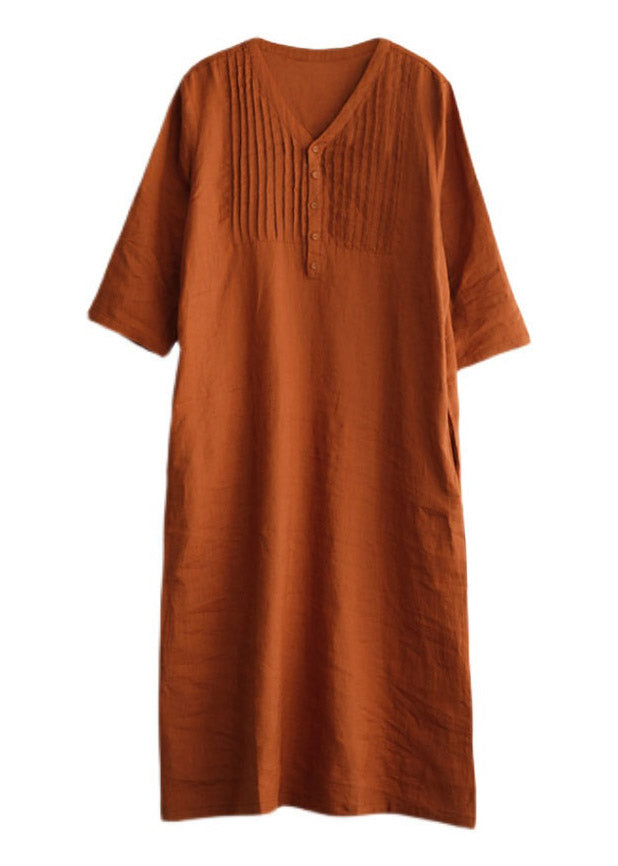 White Print8 Loose Linen Long Dresses Button Half Sleeve