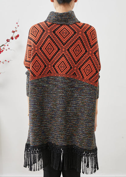 Orange Patchwork Knit Vacation Dresses Turtle Neck Tasseled Spring