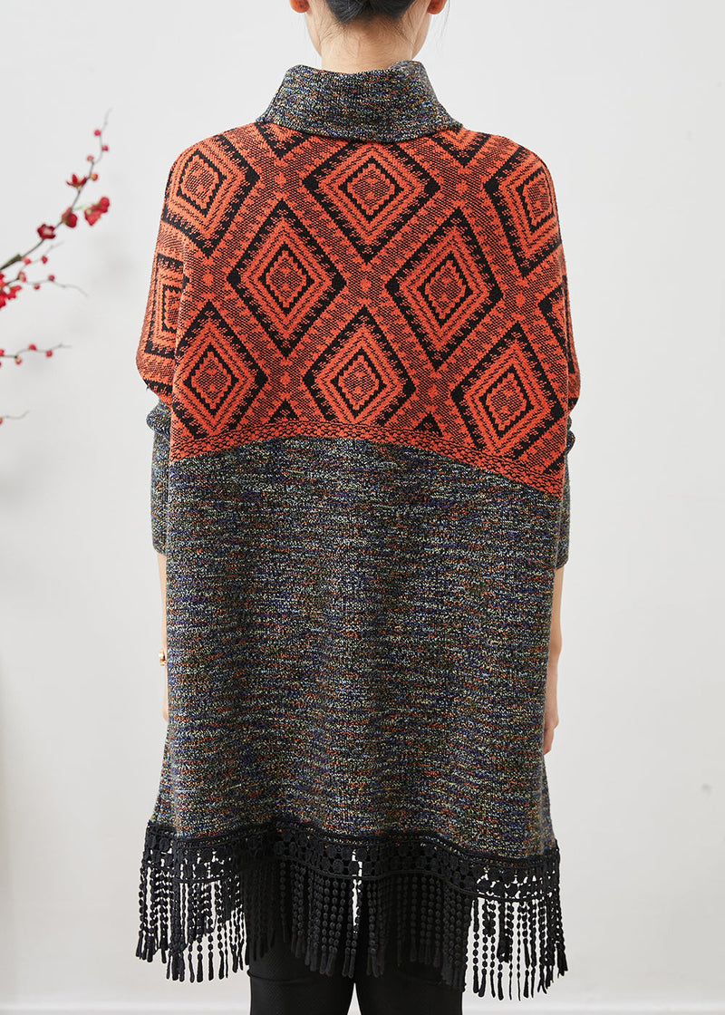 Orange Patchwork Knit Vacation Dresses Turtle Neck Tasseled Spring