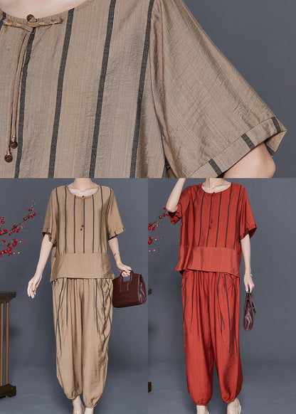 Orange Patchwork Linen Two Pieces Set Tassel Striped Summer
