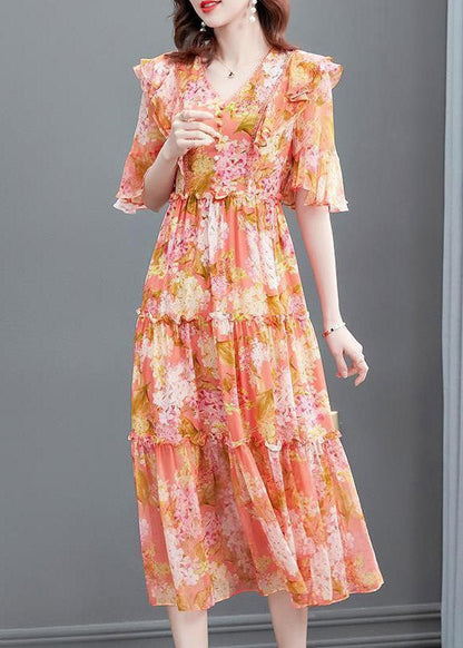 Orange V Neck Print Ruffled Wrinkled Silk Party Long Dress Flare Sleeve
