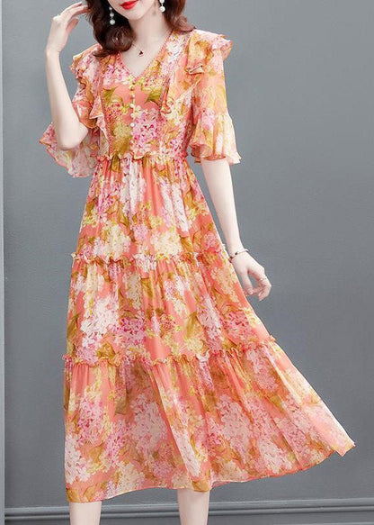 Orange V Neck Print Ruffled Wrinkled Silk Party Long Dress Flare Sleeve