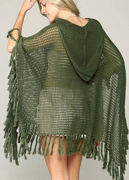 Organic Army Green Knit Fabric Hooded Tassel Beach Gown Holiday Dress