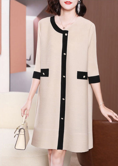 Organic Beige O-neck Patchwork Wrinkled Holiday Dress Half Sleeve