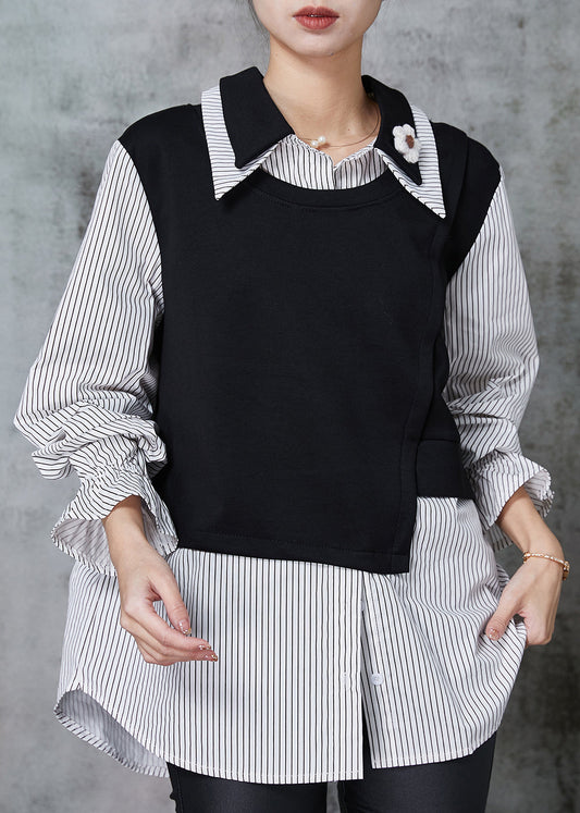 Organic Black Double-layer Patchwork Striped Cotton Top Spring