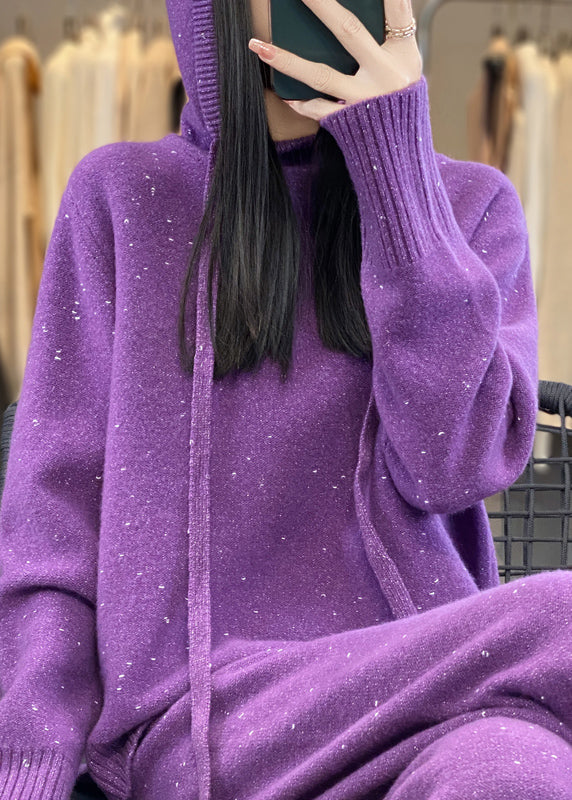 Organic Black Hooded Sweaters and Pants Woolen Two Pieces Set Spring