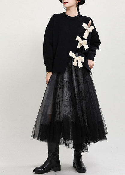 Organic Black O-neck Patchwork Asymmetrical Design Fall Knit Knitted Sweaters