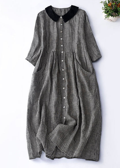 Organic Purple Plaid Peter Pan Collar Patchwork Linen Dresses Summer