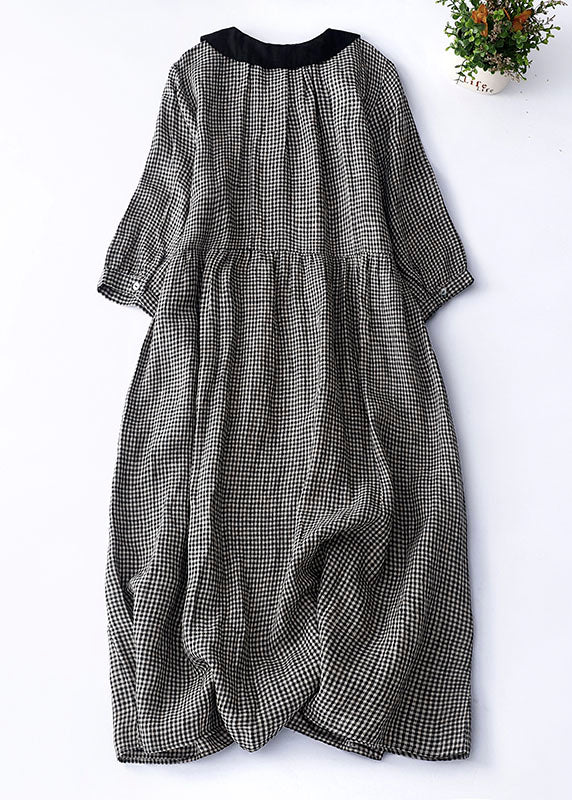 Organic Brown Plaid Peter Pan Collar Patchwork Linen Dresses Summer