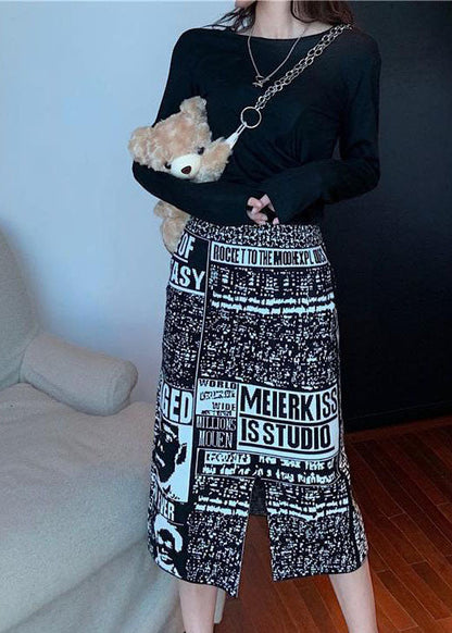 Organic Black Print Knit Side Open Skirt Spring