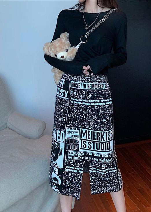 Organic Black Print Knit Side Open Skirt Spring