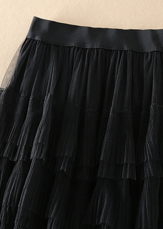 Organic Black Elastic Waist Wrinkled Tulle Skirts Spring