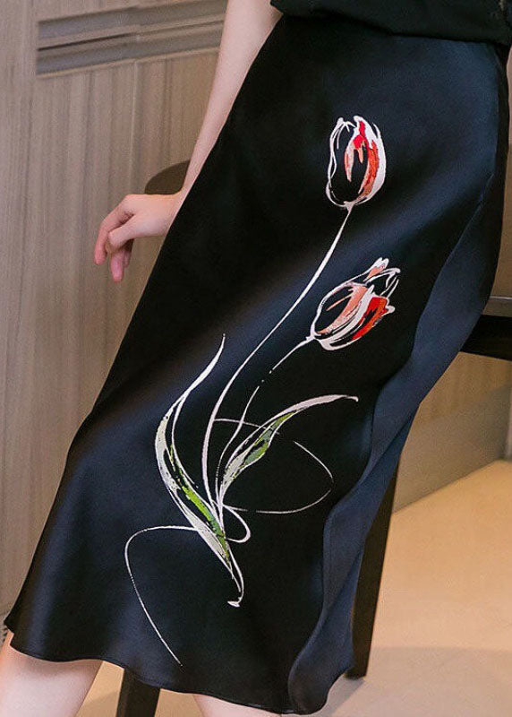 Organic Black Print Zippered a Line Fall Skirt