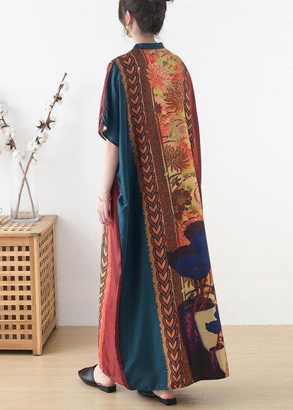 Organic Blue Red Print Oriental Summer Chiffon Dress