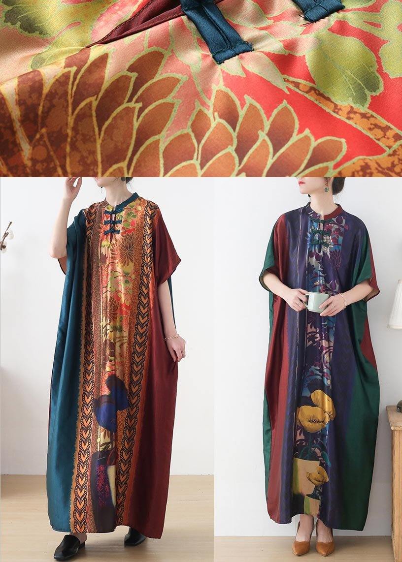 Organic Blue Red Print Oriental Summer Chiffon Dress