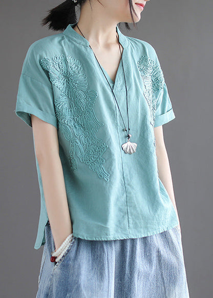 Organic Blue V Neck Embroidered Low High Design Shirts Summer