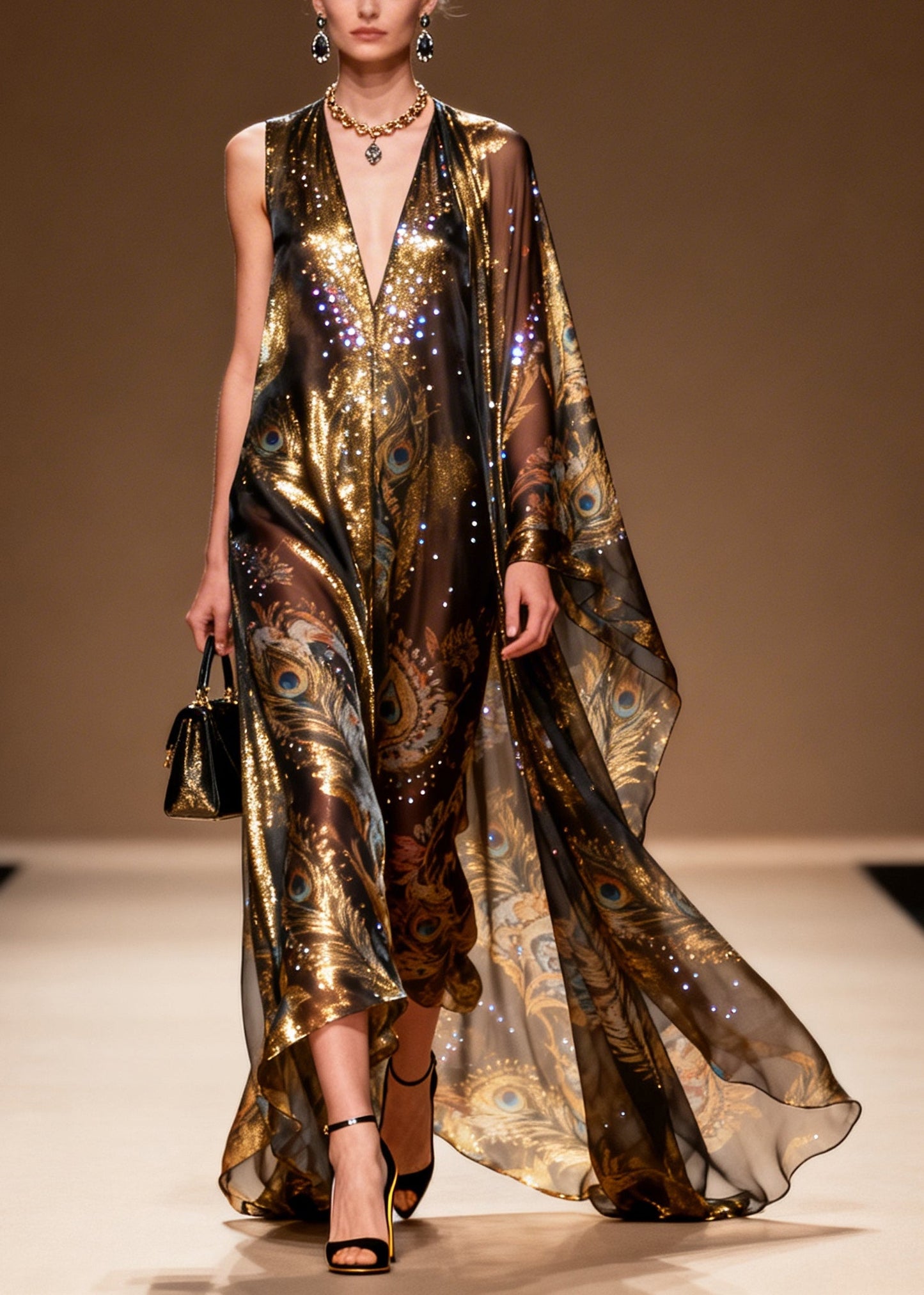 Organic Brown Asymmetrical Print Rhinestone Silk Party Dress Summer