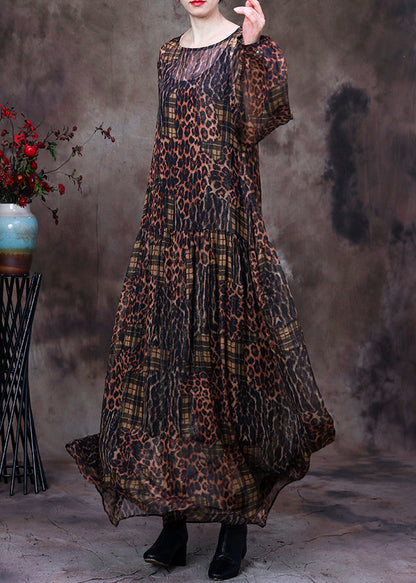 Organic Chocolate O-neck Print Maxi Dress and Suspenders Two Pieces Set Fall