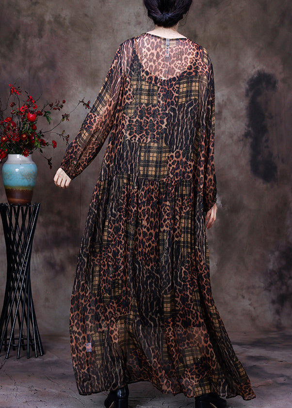 Organic Chocolate O-neck Print Maxi Dress and Suspenders Two Pieces Set Fall