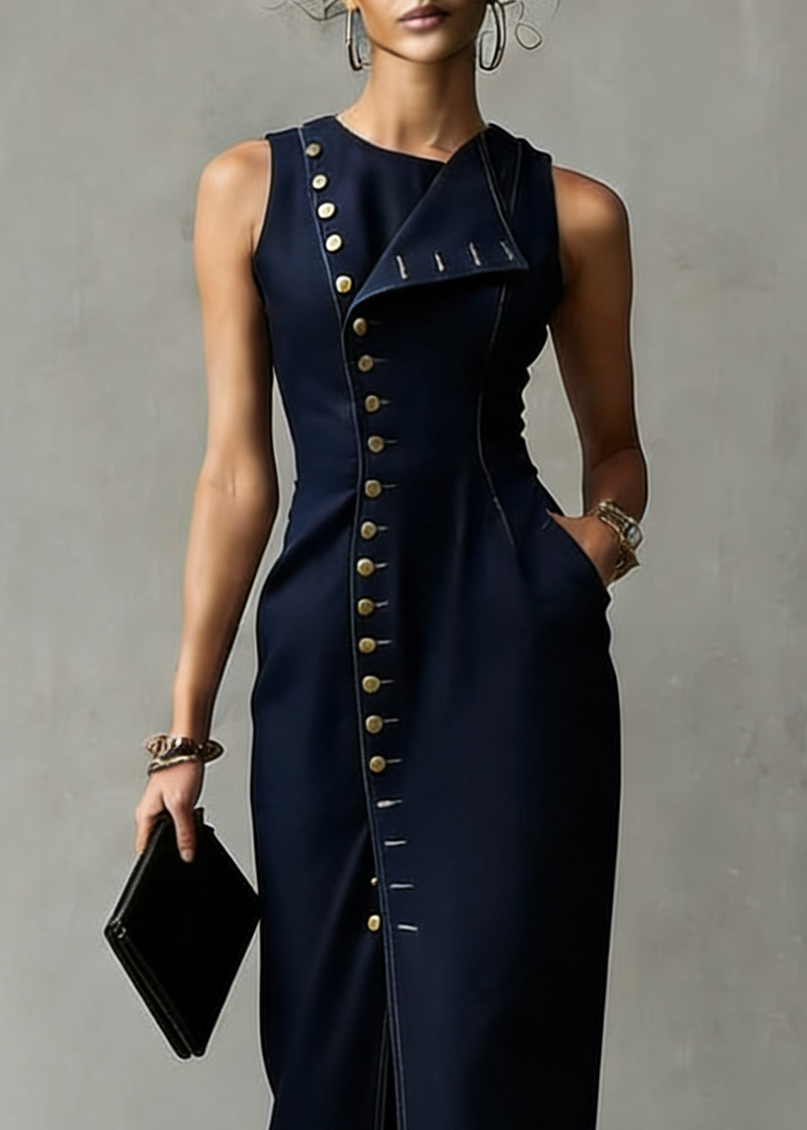 Organic Dark Blue Asymmetrical Pocket Denim Maxi Dress Sleeveless