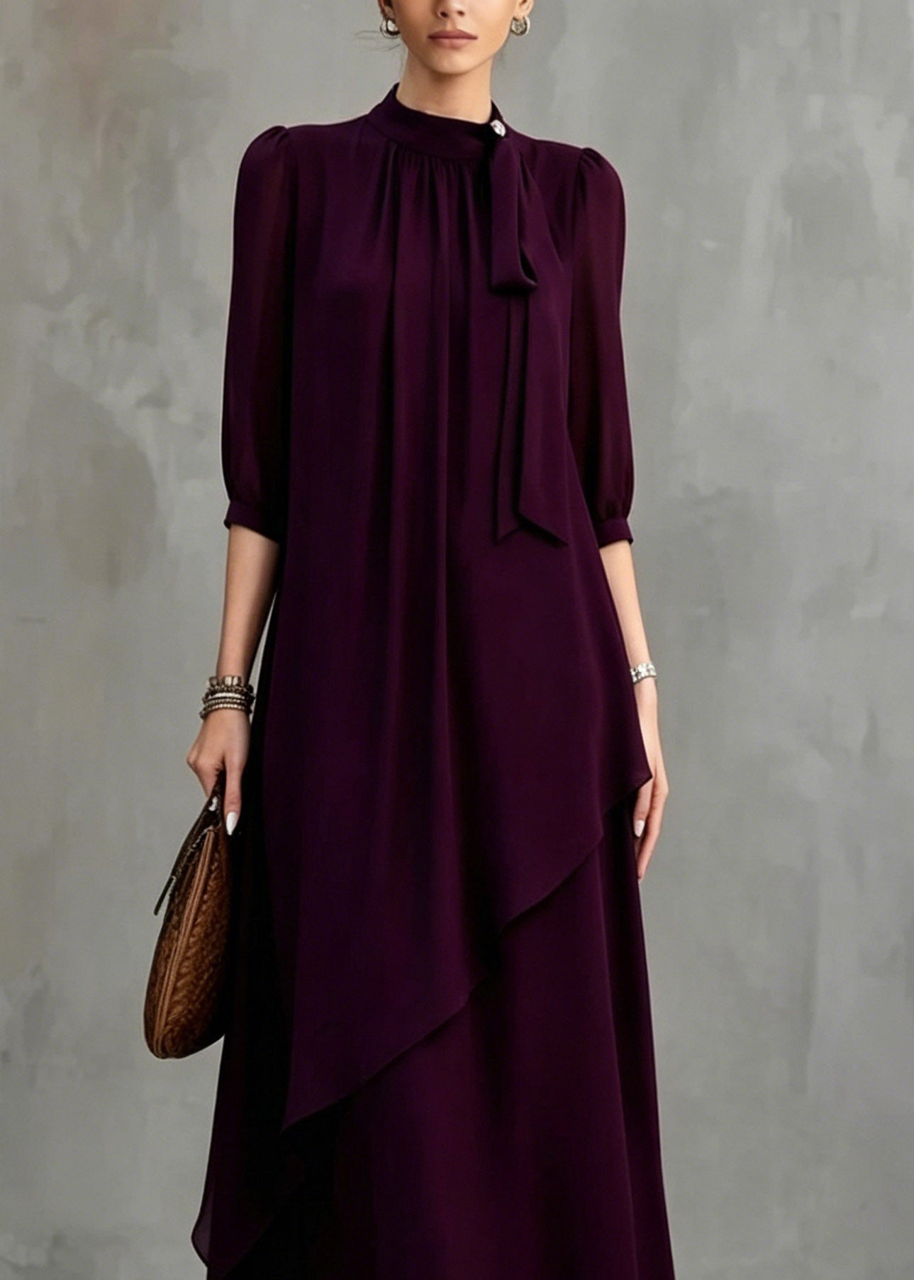Organic Dark Purple Stand Collar Maxi Dress Half Sleeve