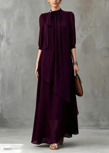 Organic Dark Purple Stand Collar Maxi Dress Half Sleeve