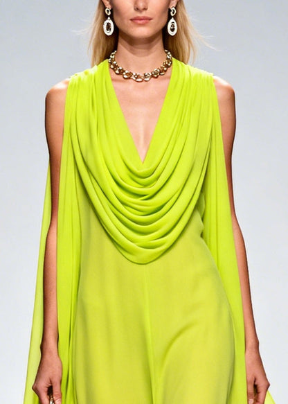 Organic Fluorescent Green Turtle Neck Chiffon Long Dresses Summer