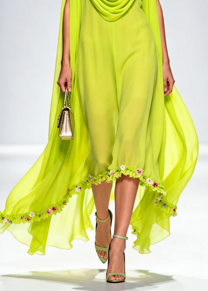Organic Fluorescent Green Turtle Neck Chiffon Long Dresses Summer