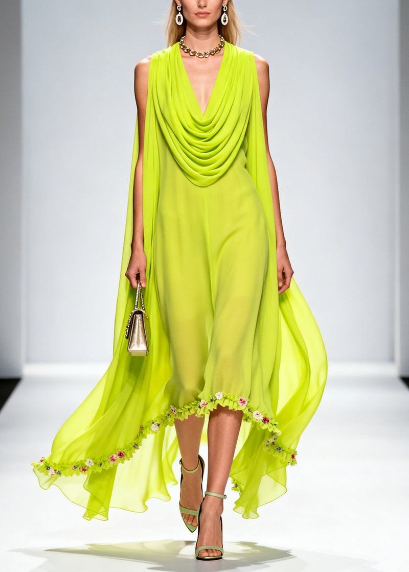 Organic Fluorescent Green Turtle Neck Chiffon Long Dresses Summer