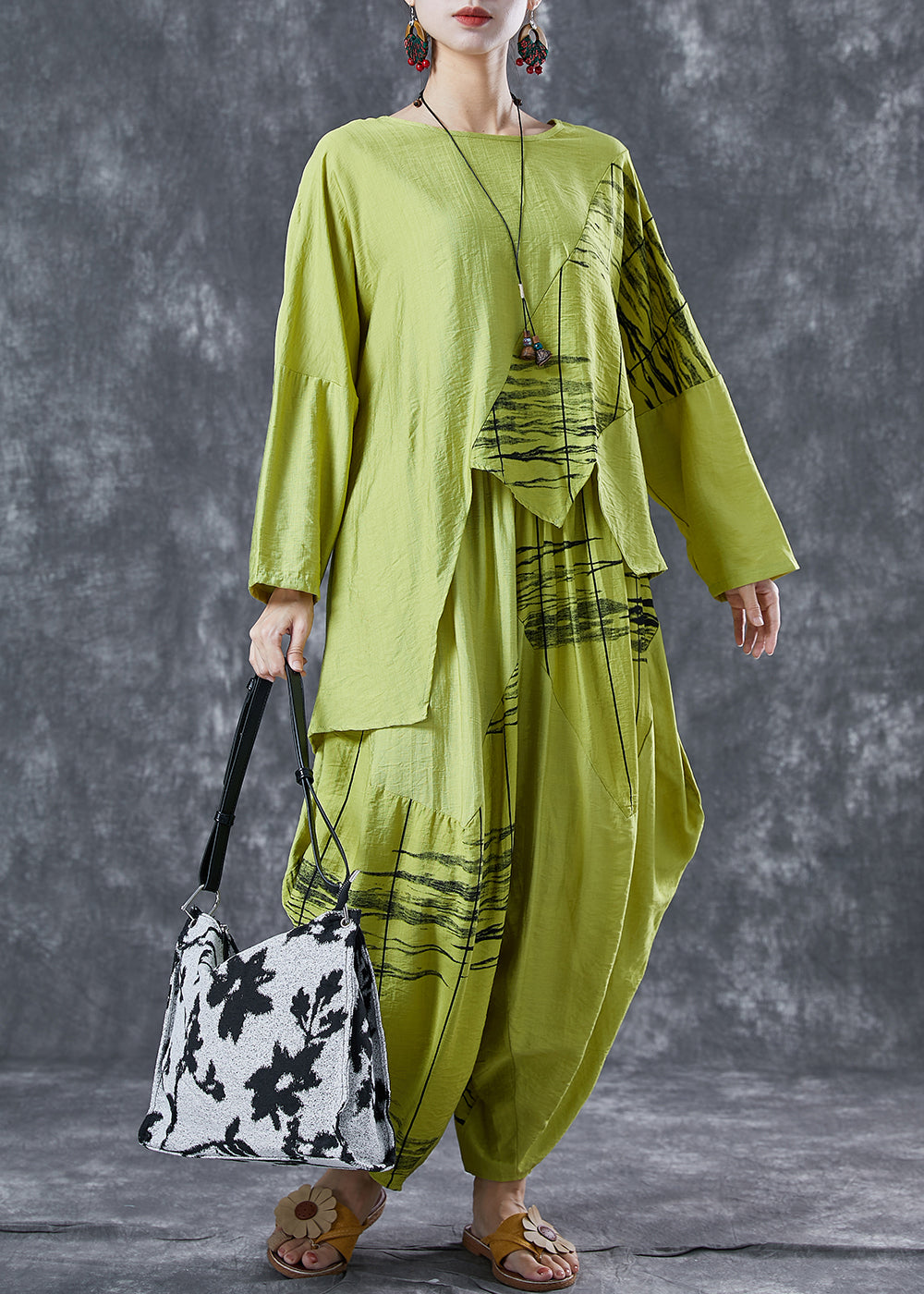 Organic Green Asymmetrical Patchwork Cotton Two Piece Set Clothing Summer