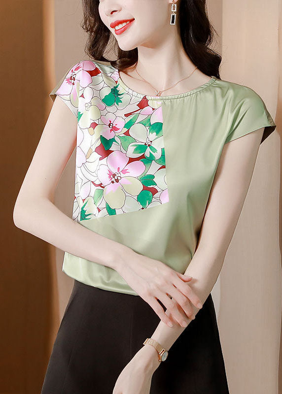 Organic Green O-neck Patchwork Print Silk Top Summer