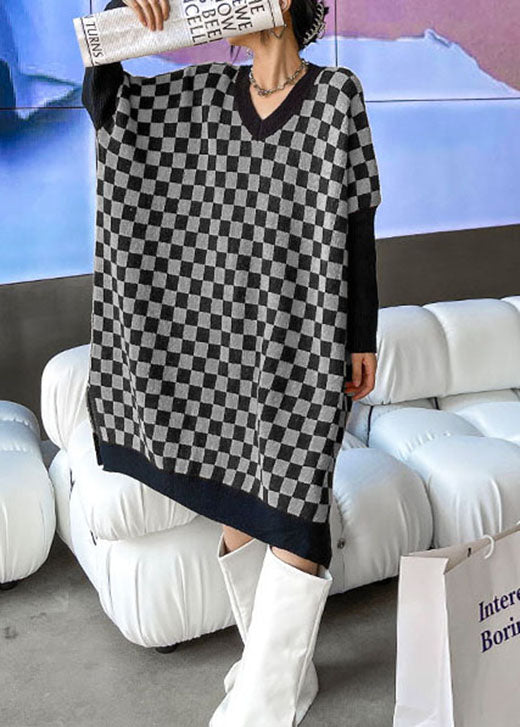 Organic Grey Black Plaid V Neck Side Open Winter Long Knit Dress