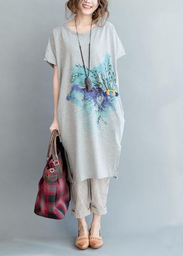 Organic Grey Print Cotton Side Open Summer Vacation Dresses