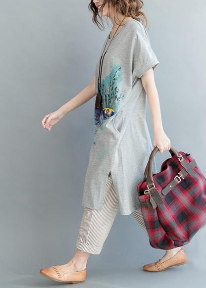 Organic Grey Print Cotton Side Open Summer Vacation Dresses