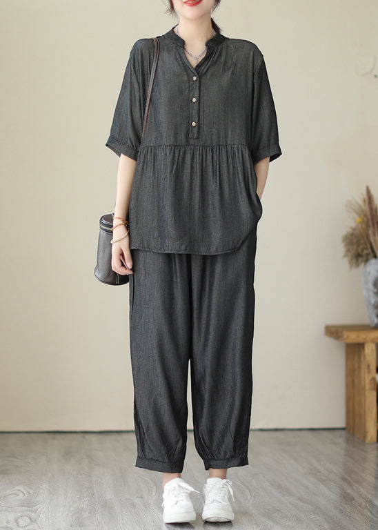 Organic Grey V Neck Patchwork Wrinkled Denim Two Piece Set Clothing Summer