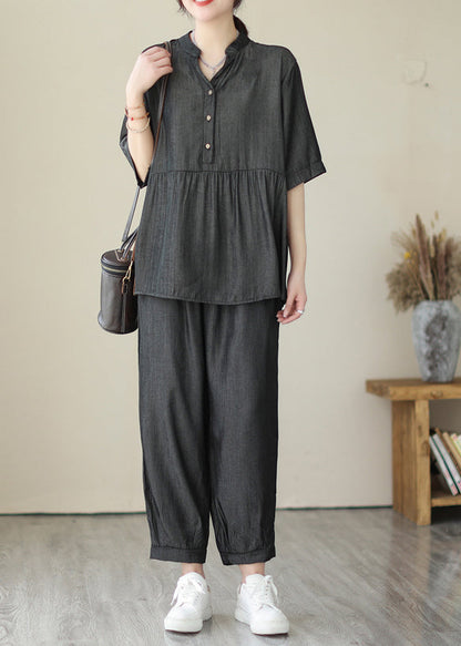 Organic Grey V Neck Patchwork Wrinkled Denim Two Piece Set Clothing Summer