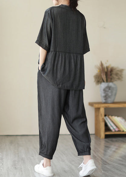 Organic Grey V Neck Patchwork Wrinkled Denim Two Piece Set Clothing Summer