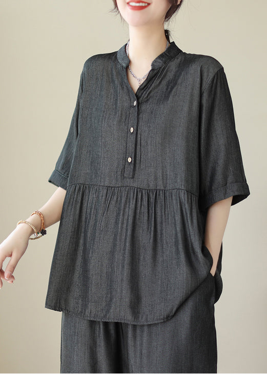 Organic Grey V Neck Patchwork Wrinkled Denim Two Piece Set Clothing Summer
