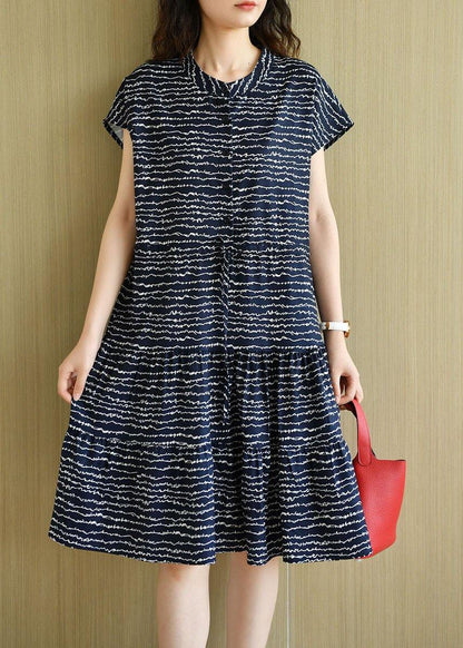 Organic Navy O-neck Button Print Summer Short Sleeve Dress