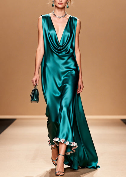 Organic Peacock Green Turtle Neck Silk Maxi Dress Summer