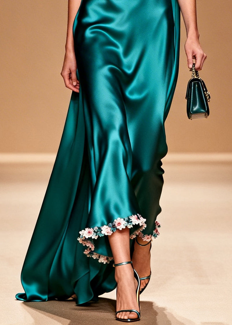 Organic Peacock Green Turtle Neck Silk Maxi Dress Summer