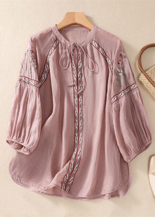 Organic Pink Embroidered Patchwork Cotton Shirt Tops Bracelet Sleeve
