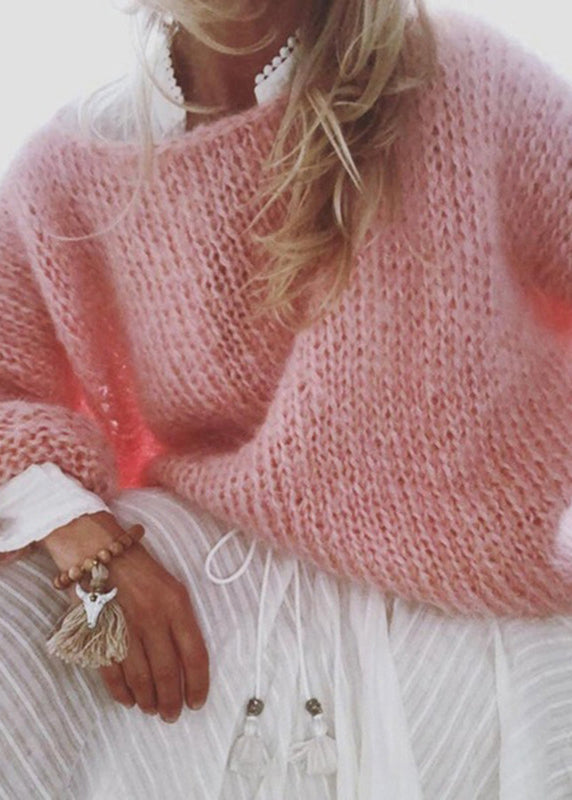 Organic Pink O-neck Ma Hai Mao Cotton Knitted Sweaters Tops Fall