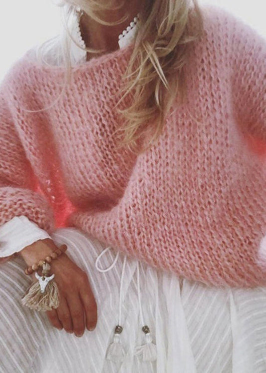 Organic Pink O-neck Ma Hai Mao Cotton Knitted Sweaters Tops Fall