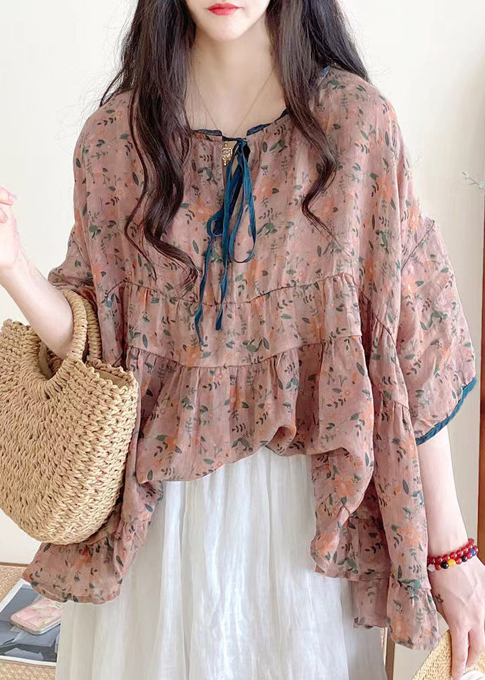 Organic Brown Texture Ruffled Print Lace Up Cotton Shirts Half Sleeve